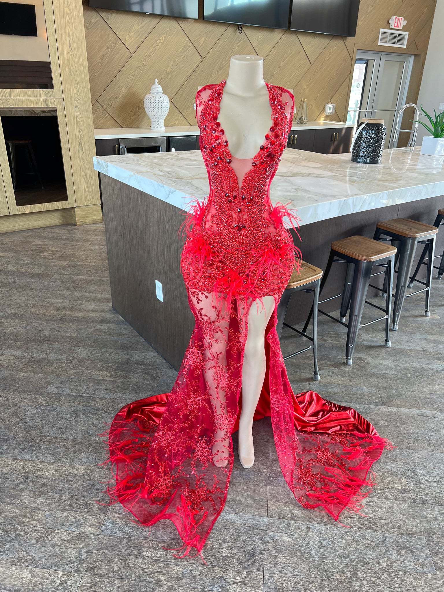 Prom Red gown with feathers Sharlene Banks Collection Prom Red gown with feathers Sharlene Banks Collection